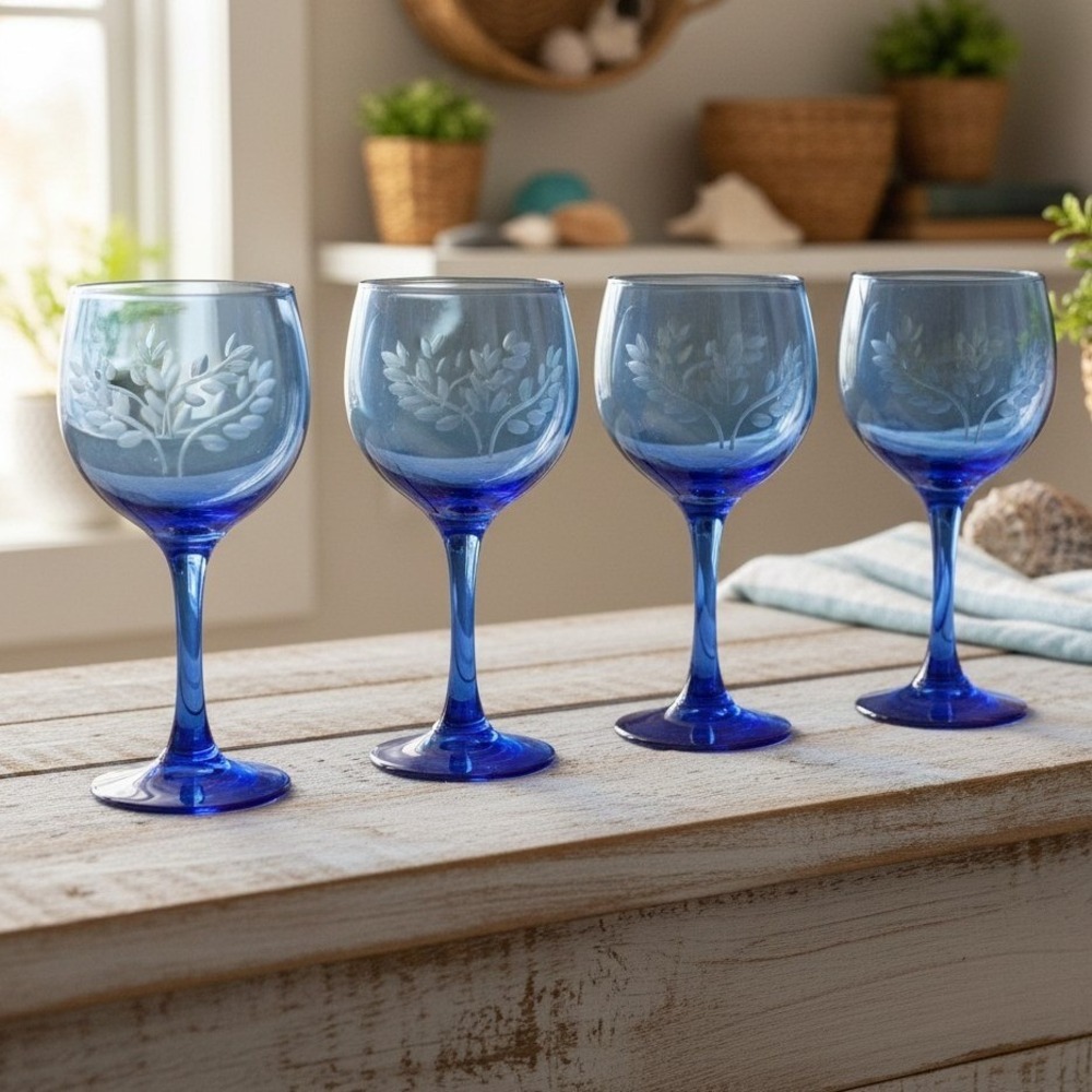 Greenbrier International Blue Floral Etched 10 oz Wine Glasses 7" Set Of 4